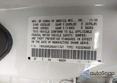 2006 Acura Tl from USA, damaged, VIN 19UUA662X6A011747